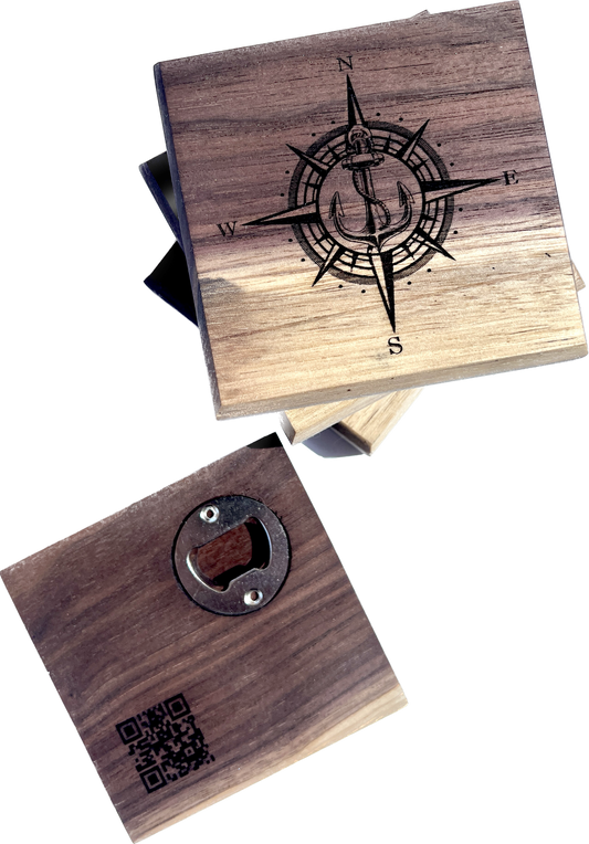 Exquisite Set of 4 Handmade Natural Walnut Coasters with a Hidden Bottle Opener - Crafted by Dusty Roads C3 for Timeless Elegance and Functional Style
